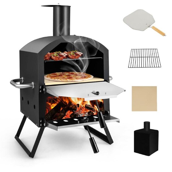 Costway 2-Layer Pizza Oven Portable BBQ Grill Pizza Maker Charcoal Wood Fired w/Waterproof Cover&Pizza Stone