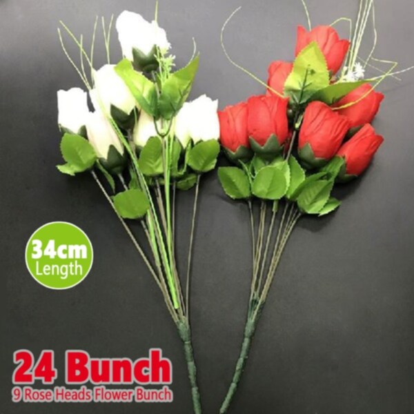 24x Rose Bunch 9 Artificial Fake Flower Heads Bouquet Garden Home Decor Plastic