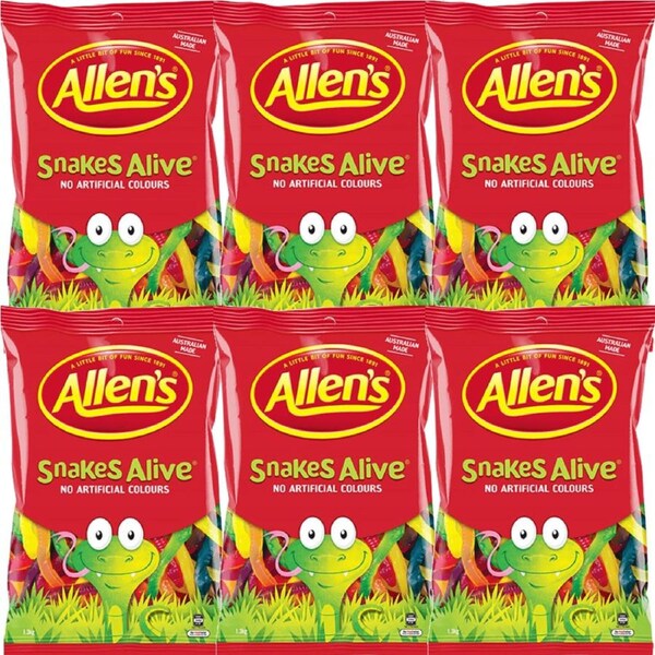Allens Snakes Alive Lollies Australian Made 1.3Kg 6 Pack BULK