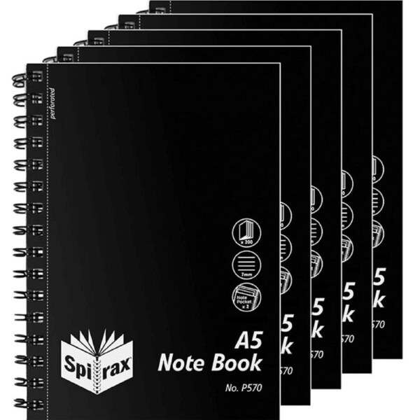Spirax P570 Notebook 7mm Ruled Polypropylene Cover Spiral Bound 200 Page A5 Black 5 Pack