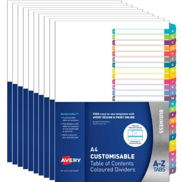 Avery 922007 L7411-26 Customisable Table Of Contents Coloured Dividers A-Z Tabs A4 10 Pack