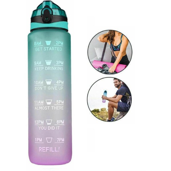 Water Bottle 1L Motivational Drink Flask With Time Markings Sport Gym - Green Purple