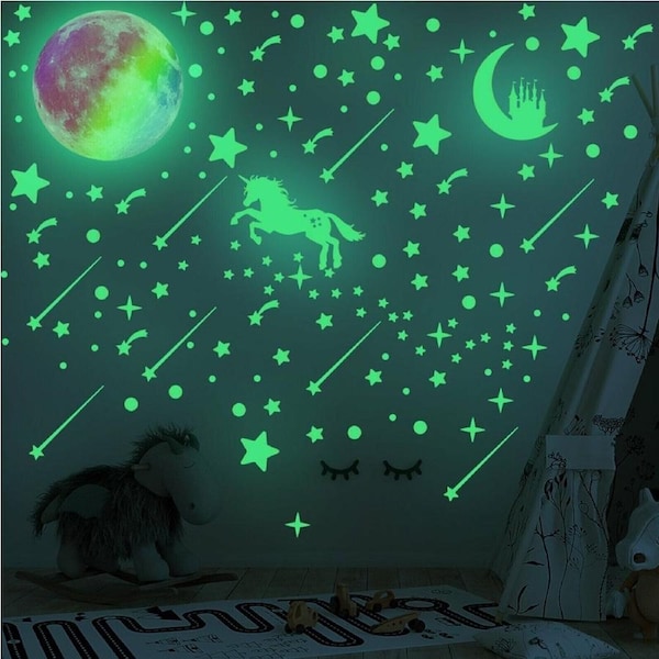 297Pcs Glowing Stars Wall Sticker for Ceiling Big Moon Unicorn Luminous Glow In