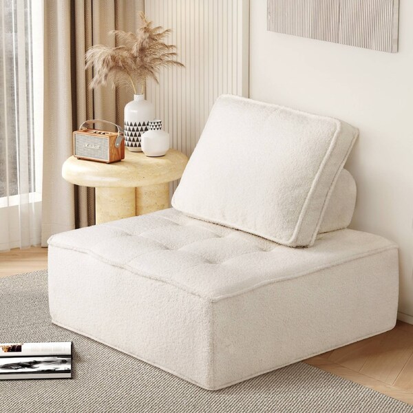 Oikiture 1PC Modular Sofa Lounge Chair Armless TOFU Back Sherpa White