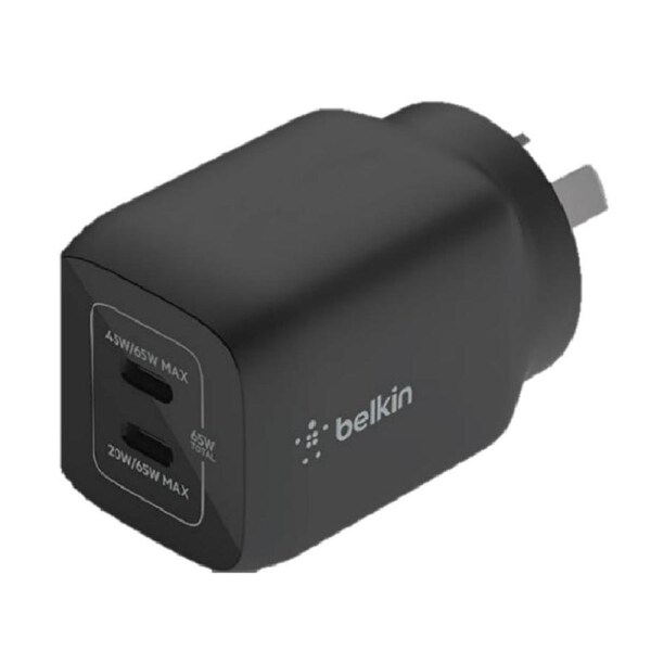Belkin BoostCharge Pro Dual USB-C GaN Wall/Laptop Charger with PPS 65W - Black(WCH013auBK),1*USB-C(45-65W),1*USB-C(20-65W),Compa