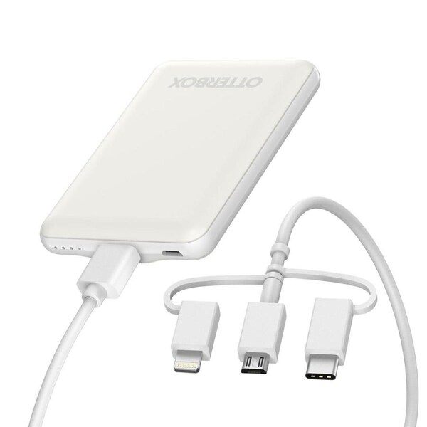 OtterBox 5K mAh Power Bank with 3-in-1 Cable (USB-A to Lightning + USB-C + Micro-USB) - White (78-80836), Durable, Perfect for T