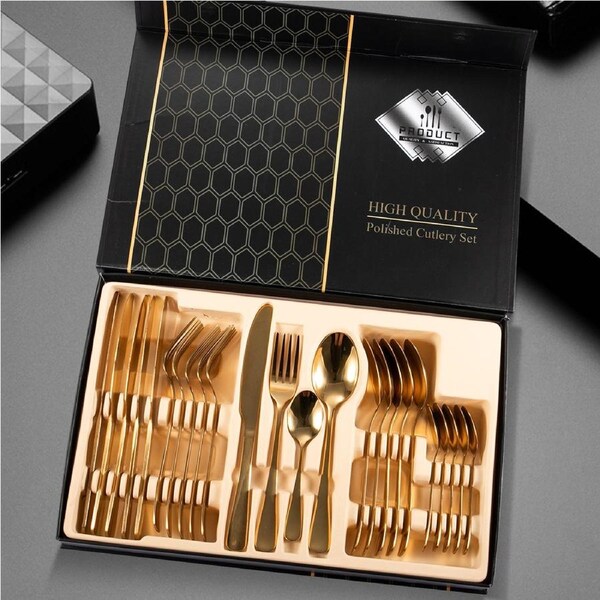 24PCs Stainless Steel Cutlery Set Dining Tableware Knife Fork Spoon GOLD