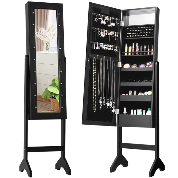 Giantex Free Standing Mirrored Jewelry Cabinet Armoire Organizer for Living Room Bedroom Black