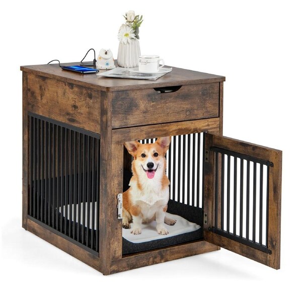 Costway Dog Crate Funiture Wood Pet Kennel Puppy House Nightstand w/Wired Wireless Charging Station Drawer