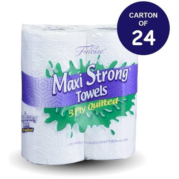 Carton of 24 rolls Finesse Maxi Strong 3 Ply Kitchen Towel Quilted Twin Pack 60 Sheets/Roll