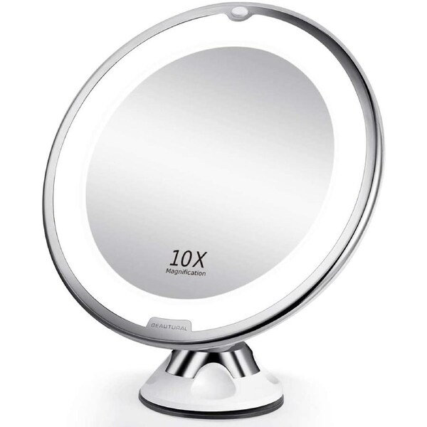 10X Magnifying Lighted Vanity Makeup Mirror with Natural White LED, 360 Degree Swivel Rotation and Locking Suction