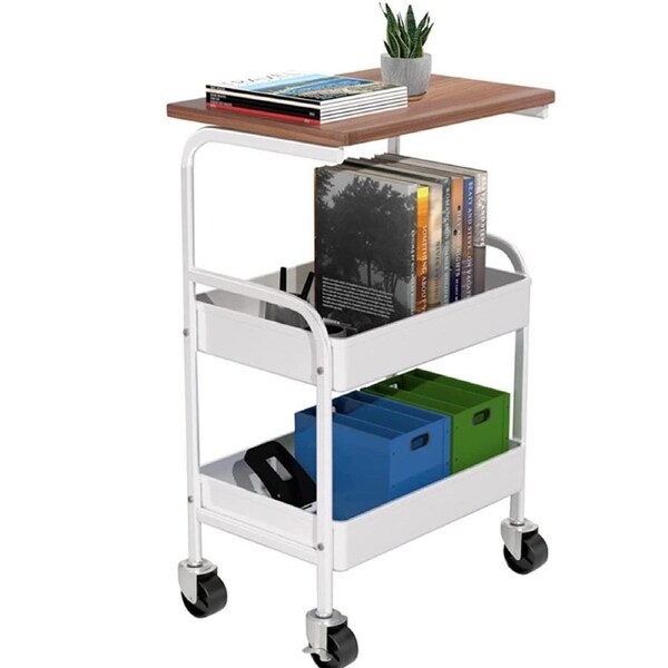 3 Tier Metal Utility Rolling Storage Organizer Cart with Wooden Tabletop for Kitchen, Office, Bedroom