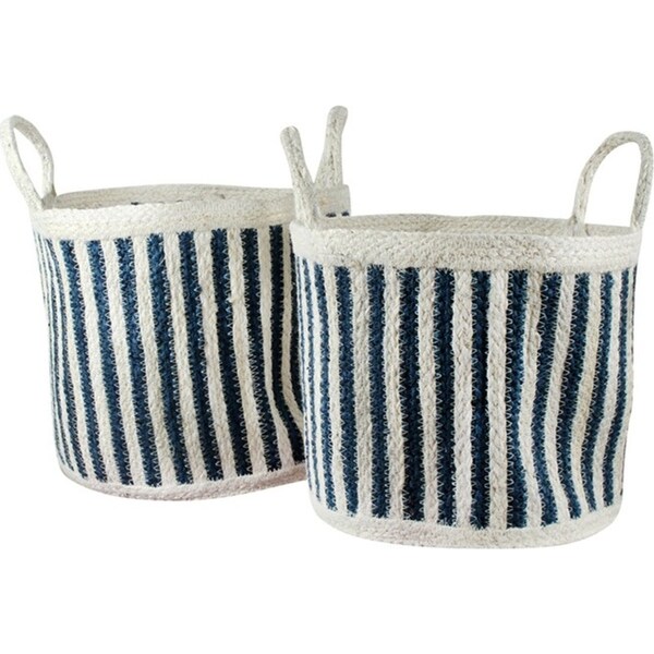2pc Maine & Crawford Haddie Stripe Jute 30/35cm Round Basket Storage Set Blue