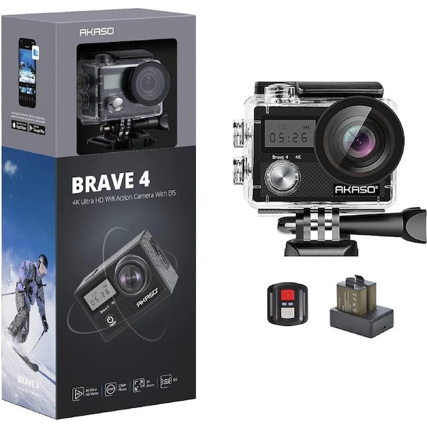 AKASO Brave 4 4K 20MP Wifi Action Camera Ultra HD with EIS 30M Underwater Waterproof Camera Remote Control 5X Zoom Underwater Camcorder with 2 Batteries and Helmet Accessories Kit