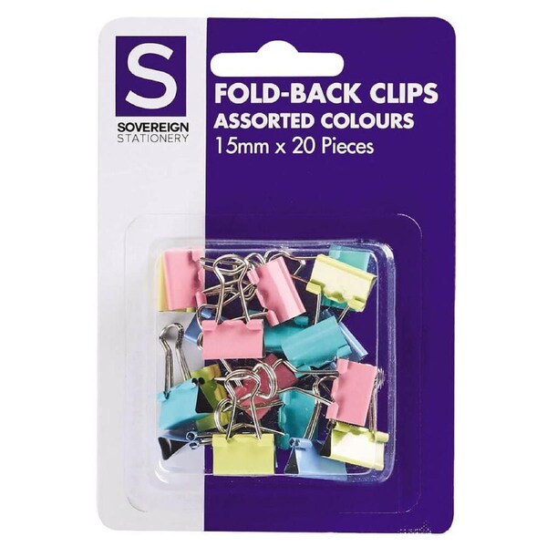Stat Fold Back Clips 20pk 15mm (Assorted Colours)