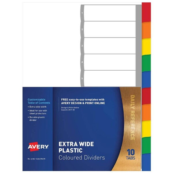 Avery 10 Tab Extra Wide Plastic Dividers A4 (Coloured)