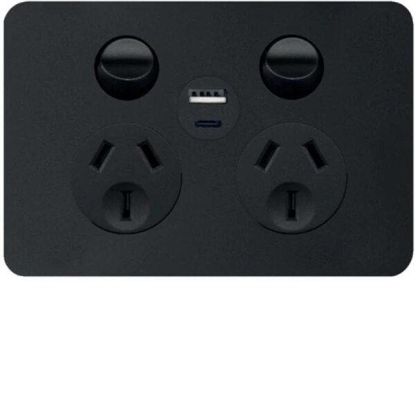 Hager Allure WBHP2SUSBAC-MB - 10Amp Double Internal Powerpoint With USB A+C Charger - Matte Black