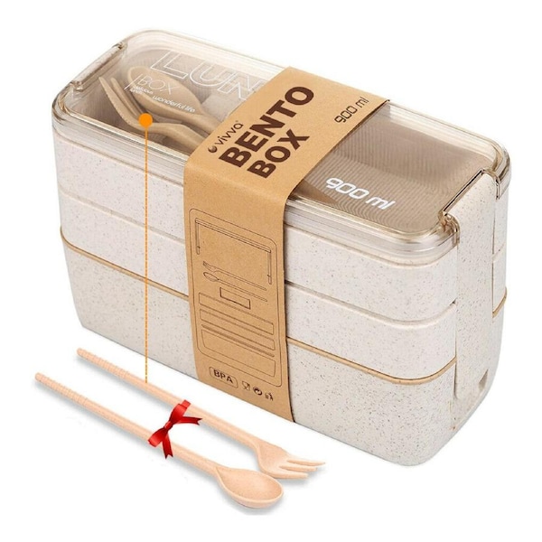 900ml Lunch Box 3-Layer Bento Box Students Eco-Friendly Leakproof Food Container - Beige