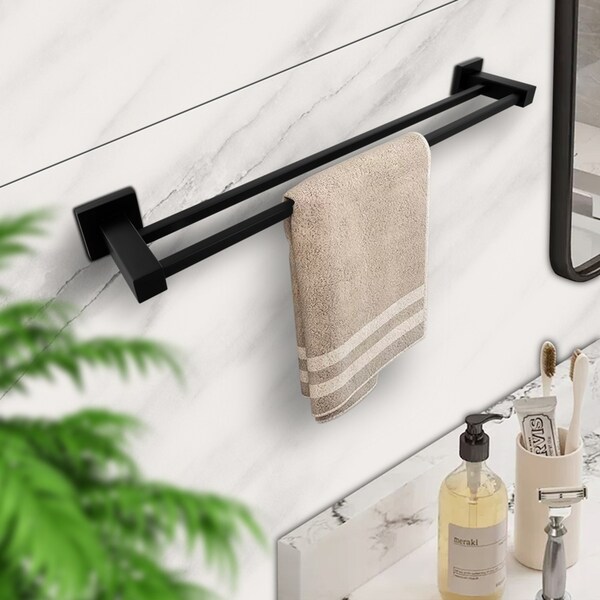 Bathroom 600mm Double Towel Rail Rack Ring Holder Stainless Steel Square Black