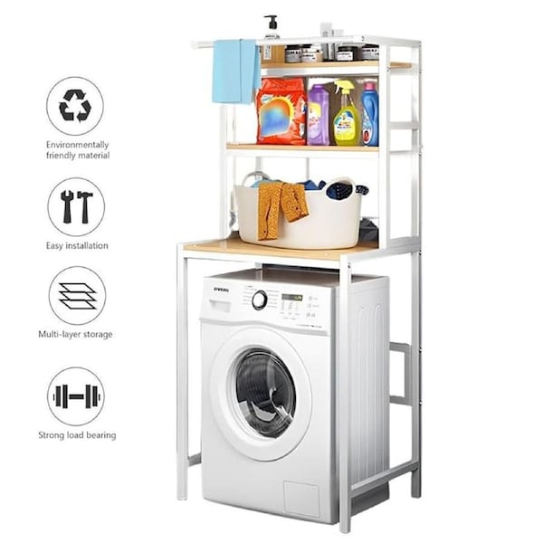 OZNALA Heavy Duty Metal 3-Tier Over Washing Machine Storage Rack Shelf Organizer Stand Strong Bearing Organizer Stand for Front Load Washing Machine Dryer Space Saving (White)