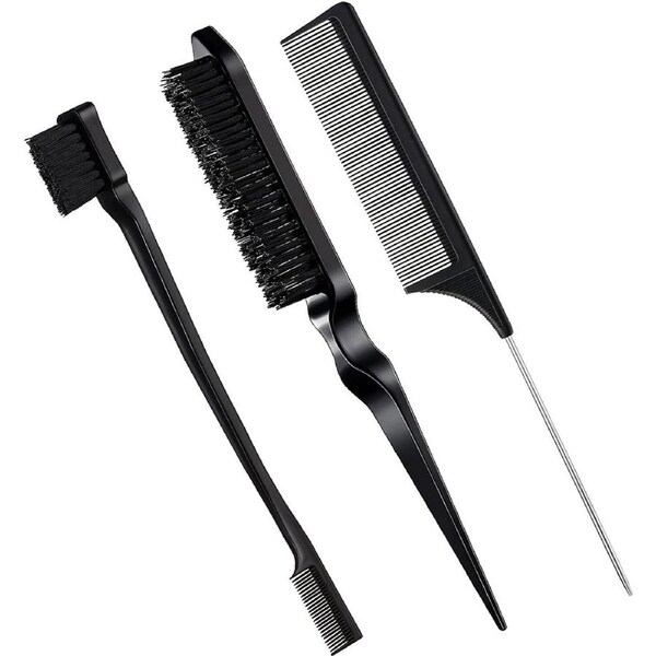 3 Pieces Teasing Brush Set Edge Brush and Comb Bristle Hair Brush Teasing Comb Grooming Combs Sturdy Rat Tail Comb for Travel Hair Stylist