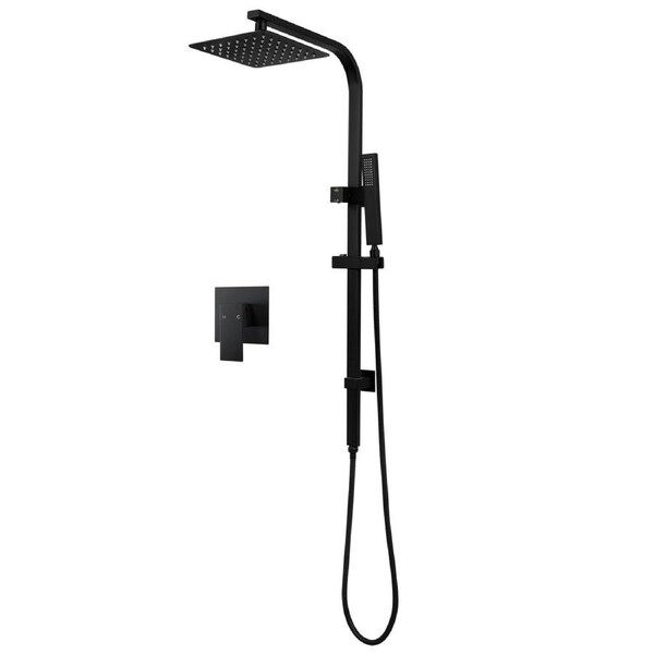 ACA WELS Black Square 8" Rain Shower Head Set Gooseneck Sliding Shower Rail Wall Arm With Mixer Taps