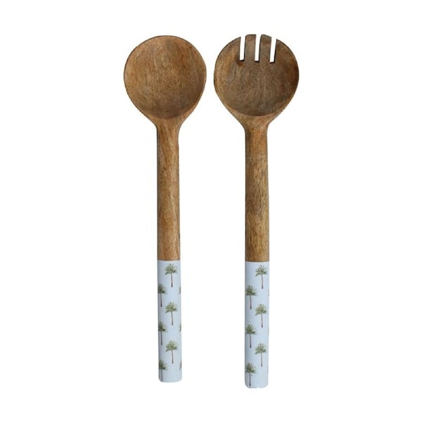 2pc Maine & Crawford St Barts 28cm Palm Tree Enamel Mango Wood Salad Server
