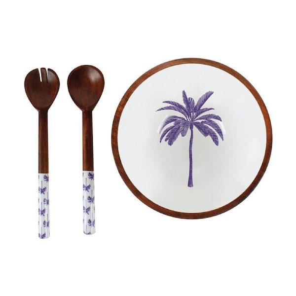 Maine & Crawford Belize 26cm Blue Palm Tree Round Bowl Storage Enamel Mango Wood