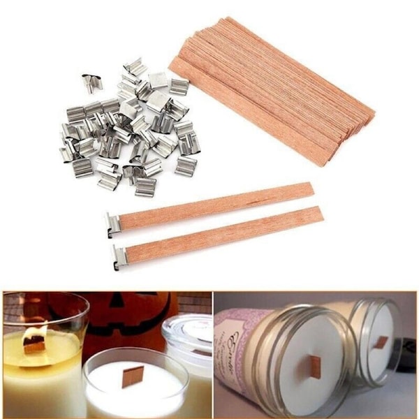 50X Wooden Candle Wicks Wick Tabs Low Smoke Sustainers Core Holder Soap Party