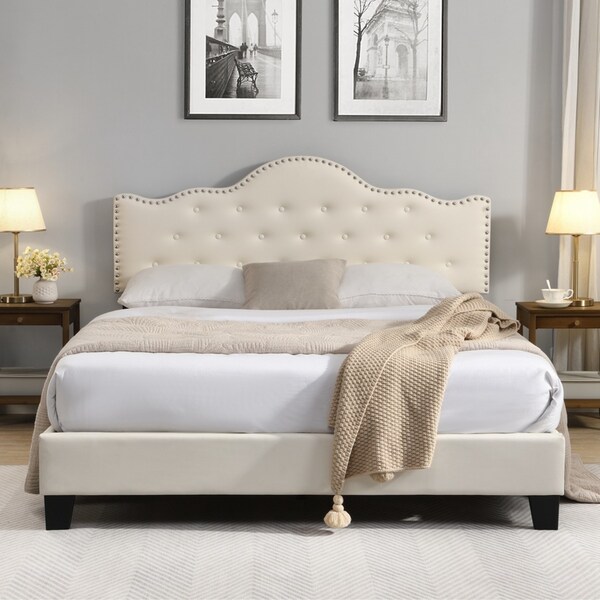 IHOMDEC Upholstered Button Tufted Queen Bed Frame BEF05 Beige