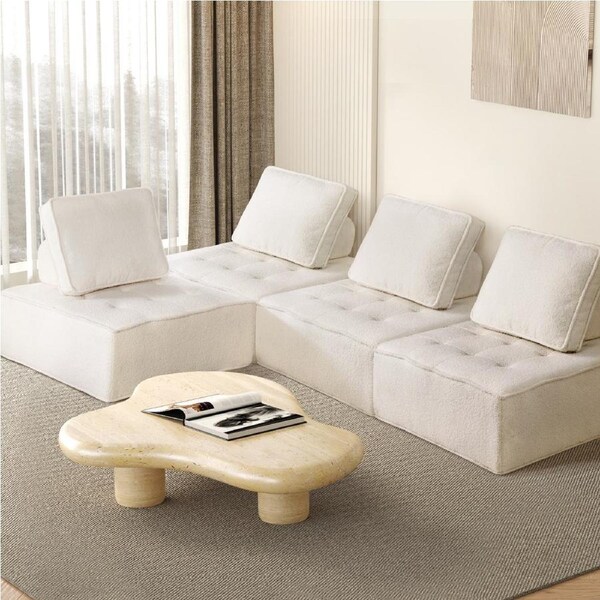 Oikiture 4PCS Modular Sofa Lounge Chair Armless TOFU Back Sherpa White