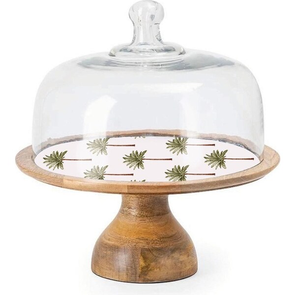 Maine & Crawford St Barts 30cm Palm Tree Enamel Mango Wood Cake Stand Green