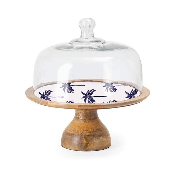 Maine & Crawford Belize 30cm Palm Tree Enamel Mango Wood Cake Stand Decor Blue
