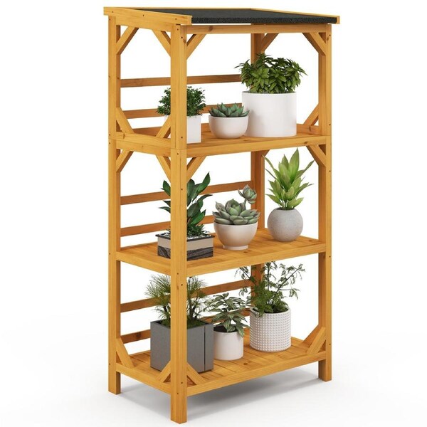 Costway 3-Tier Plant Stand Wood Flower Pots Shelf Weather-resistant Load 90kg w/Asphalt Tilting Roof Garden Patio Balcony