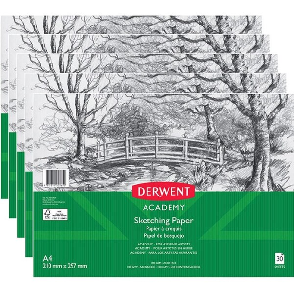 Derwent Academy Sketch Pad Book Paper Landscape 30 Sheets A4 5 Pack