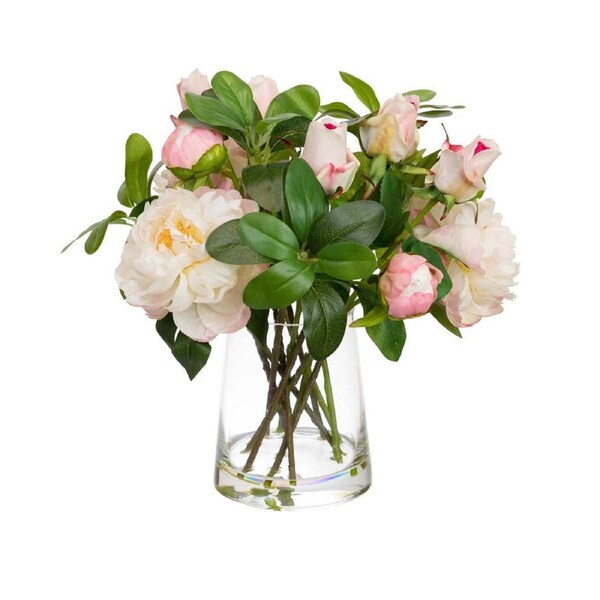 Glamorous Fusion Pink Peony & Rose Artificial Faux Plant Flower Decorative Mixed Arrangement 36cm In Glass