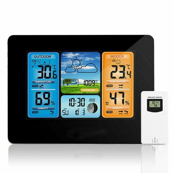 Black Wireless Digital LCD Indoor & Outdoor Weather Station Clock Calendar Thermometer