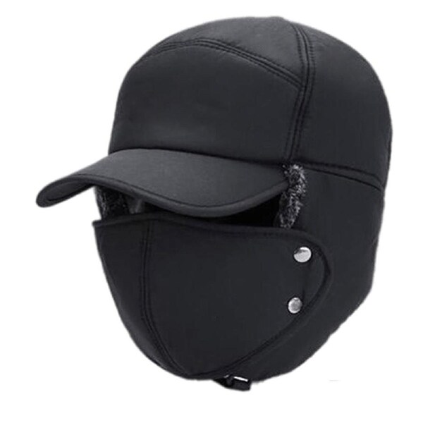 Winter 3 in 1 Thermal Fur Lined Trapper Bomber Hat with Ear Flap Face Mask Cap - Black
