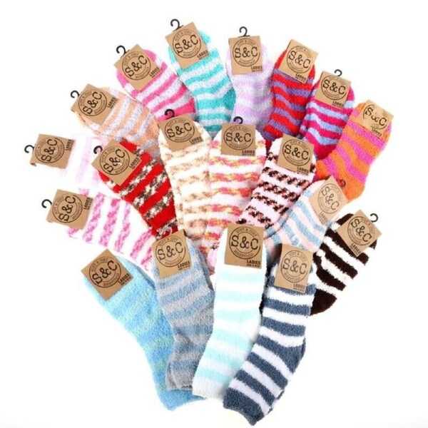 3 Pair Socks Womens Microfibre Crew Cut Plain - Stripe Assorted Colours