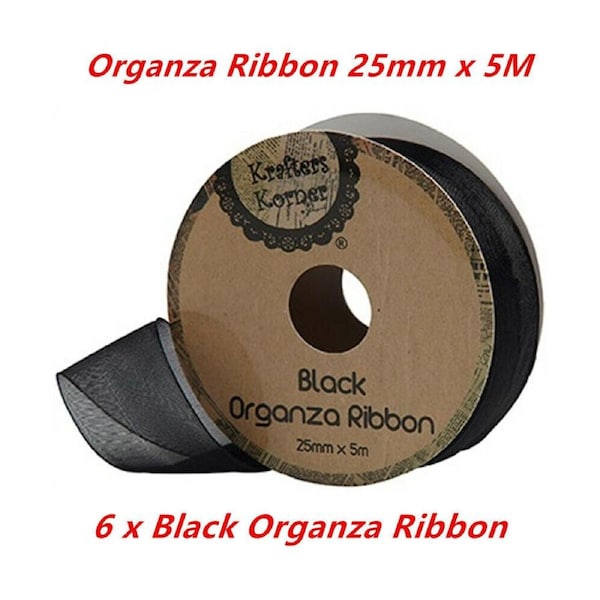 6 x Organza Ribbon Roll BLACK 25mm x 5M Sheer Transparent Wedding Decor Gift