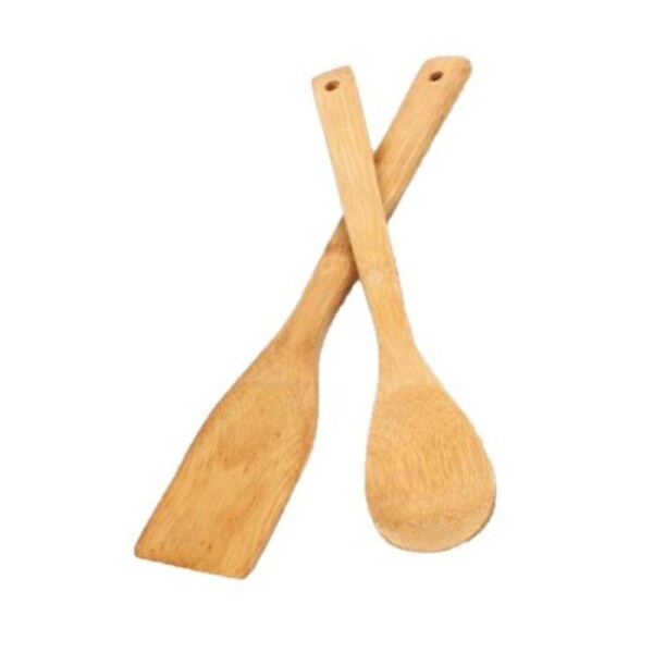 2PC BAMBOO WOODEN SPOON AND SPATULA - COOKING BAKING UTENSILS KITCHEN
