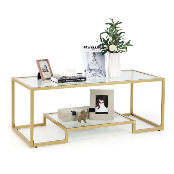 Giantex 2-Tier Coffee Table Rectangular Tempered Glass Table Golden Metal Frame Living Room Gold
