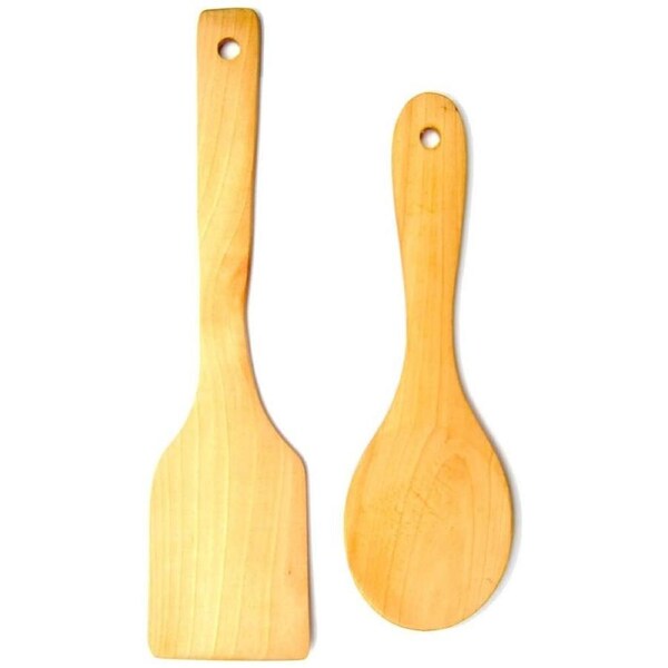 Ozoffer 2Pc Bamboo Kitchen Wooden Turner Spatula with Handles for Non Stick Cookware