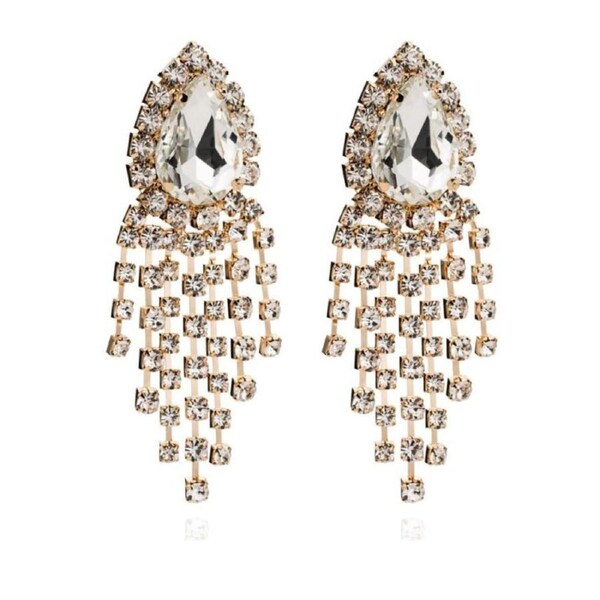 Culturesse Rayne 10cm Clear Diamantes 14K Gold Plating Earrings For Pierced Ears