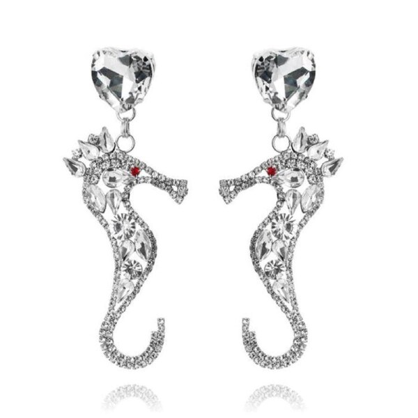 Culturesse Lexi 90mm Seahorse Rhinestone Drop Earrings For Pierced Ears Silver