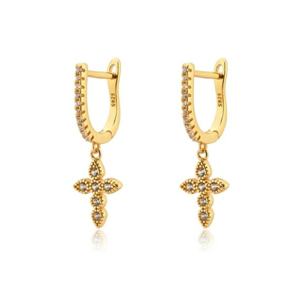 Culturesse Charbel 20mm Fine Diamante Cross Drop Earrings Fashion Jewellery Gold