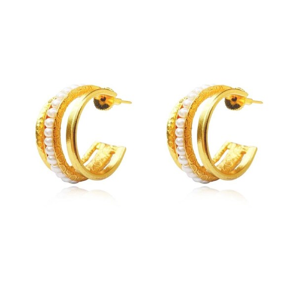 Culturesse Bijoux 3cm Pure Gold & Pearl 24K Trio Hoop Earrings For Pierced Ears
