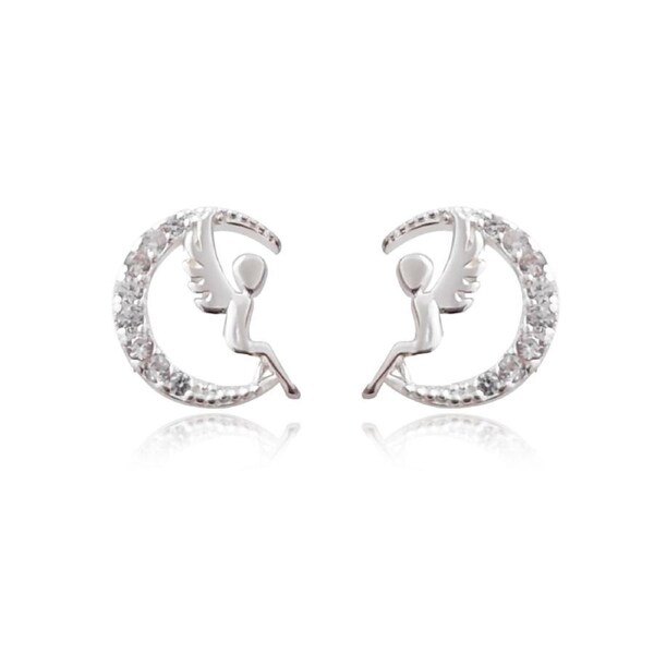 Culturesse White Cubic Zirconias Little Angel Moon Stud Earrings Sterling Silver