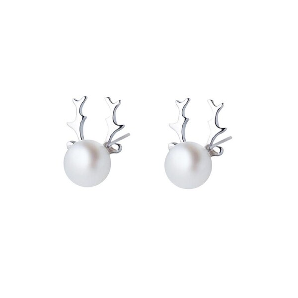 Culturesse 12mm Freshwater Pearls Rhindeer Stud Earrings Fashion Sterling Silver