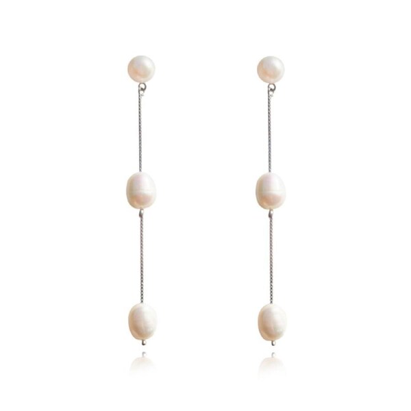 Culturesse Lana 65mm Sterling Silver Freshwater Pearl String Earrings White